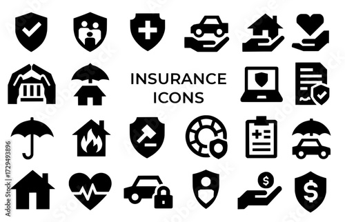 Icon pack, Icon sheet, Insurance theme, silhouette version with straight line style
