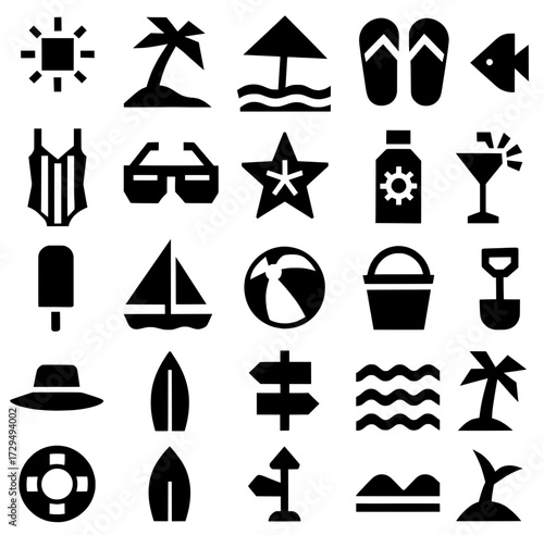 Icon pack, Icon sheet, Beach theme, silhouette version with straight line style