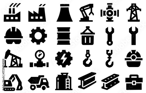 Icon pack, Icon sheet, Industrial theme, silhouette version with straight line style