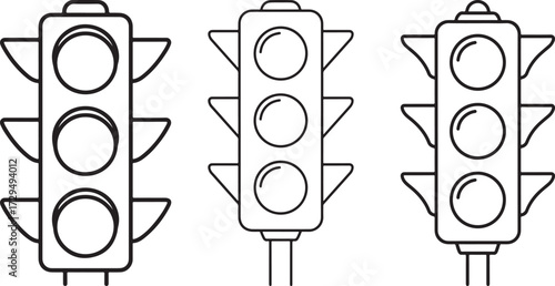 Three traffic light silhouettes in a row isolated on white background