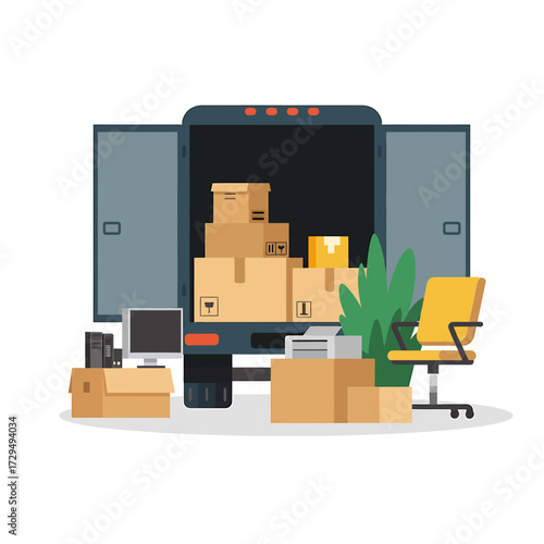 Office relocation with cardboard boxes and furniture in the truck isolated