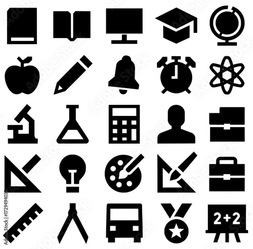 Icon pack, Icon sheet, Education theme, silhouette version with straight line style