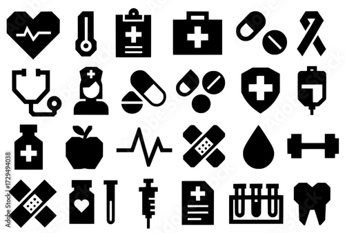 Icon pack, Icon sheet, medical theme, silhouette version with straight line style