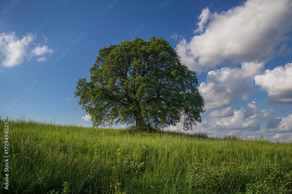 Obraz premium Lush tree standing tall in a vibrant grassy field