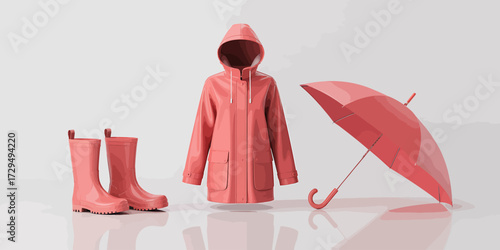 Pink raincoat, umbrella and rubber boots isolated on white background