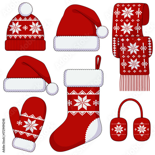 Collection of red christmas hats, stocking, scarf, earmuffs and mitten isolated on white background