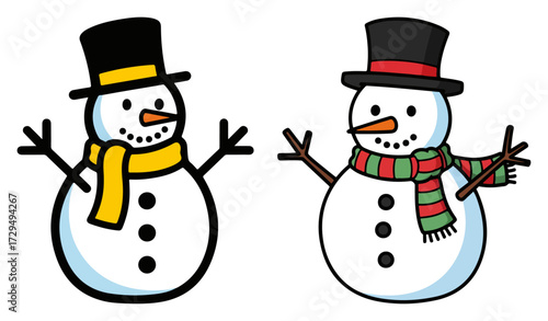 Cute Snowman Pair with Winter Hats and Scarves