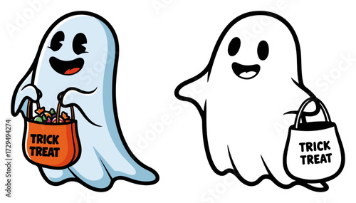 Cute Cartoon Ghost Trick or Treating for Halloween