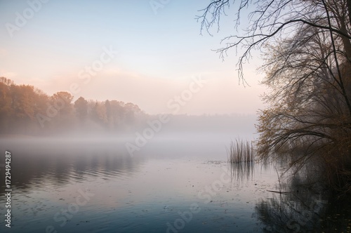Misty fall dawn beside the ...