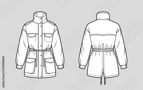 Technical drawing of a parka with front and back view isolated on white background