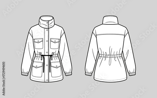 Fashion technical drawing of a womens jacket isolated on white background
