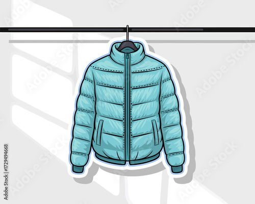 Blue puffer jacket hanging on a rack isolated on white background