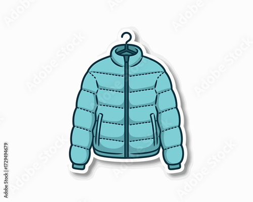 Blue puffer jacket with hanger isolated on white background, winter clothing