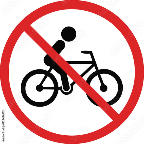 No Cycling Sign Vector Icon for Bicycle Prohibition and Pedestrian Zone Policy, Isolated on White Background

