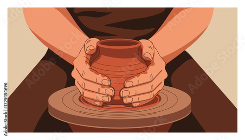 Potter Hands Shaping Clay on a Pottery Wheel