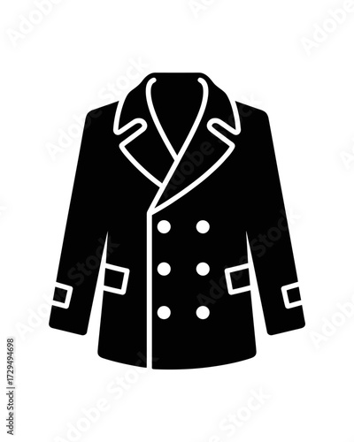Black doublebreasted peacoat isolated on white background, a classic outerwear