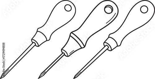 Three awl tools with wooden handles in silhouette isolated on white background
