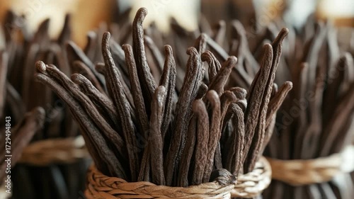 Close-up shot of a bundle of vanilla sticks, ideal for food or decoration use