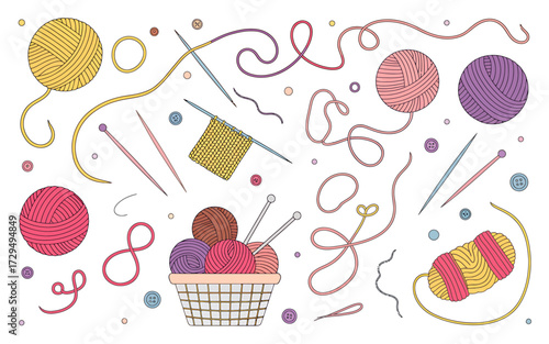 Yarn balls and knitting needles isolated on white background