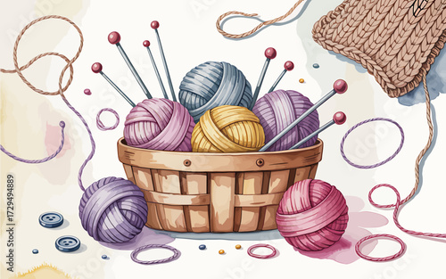Watercolor illustration of a basket full of colorful yarn balls and needles