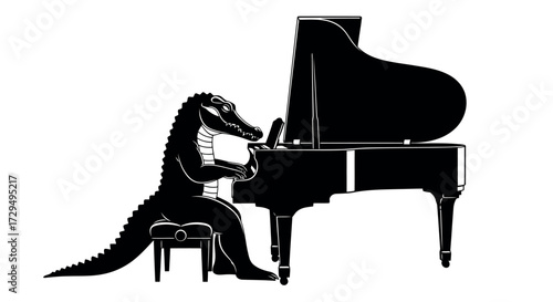 Alligator Performing on a Grand Piano in Black and White Silhouette Capturing the Humorous Blend of Nature and Music Perfect for Educational and Entertainment Purposes