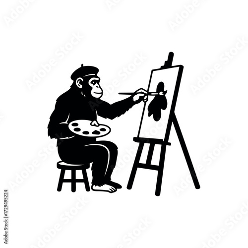 Artistic Chimpanzee Creating Masterpiece on Canvas Vector Illustration Creative Ape Painter with Beret and Palette Fine Art Concept Quirky Animal Graphic for Design Projects
