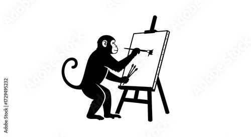 Artistic Monkey at Easel Painting Masterpiece Creative Animal Concept Silhouette Black and White Design for Prints and Illustrations