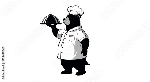 Bear Chef Holding Serving Platter Illustration for Culinary Concepts and Restaurant Branding with Culinary Excellence and Gastronomic Artistry Black and White Graphic Design for Food Presentation
