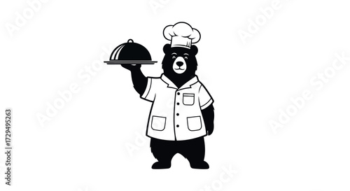 Charming black silhouette of a friendly bear wearing a chef hat and uniform holding a silver serving cloche isolated on transparent background