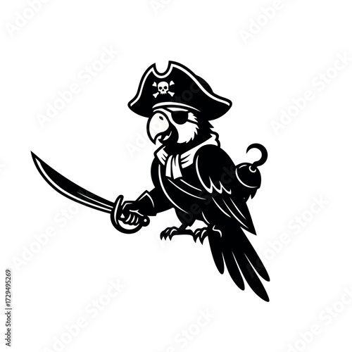 Black and white parrot pirate vector illustration ideal for branding or mascot design showcasing strength and mischief and evokes a playful and adventurous spirit perfect for a variety of applications