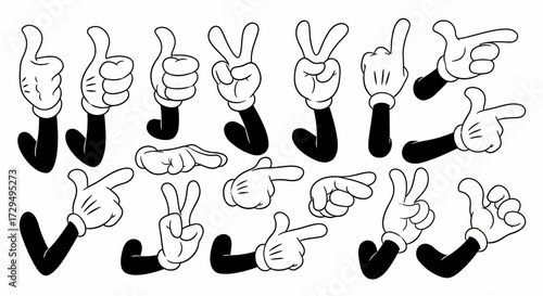 Collection of classic cartoon hand gestures offering a variety of poses and expressions for animation design and illustration