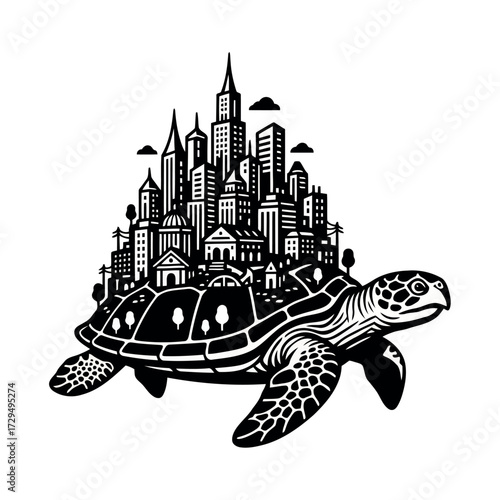 Whimsical black and white silhouette of a giant sea turtle carrying a sprawling city skyline on its shell isolated on transparent background