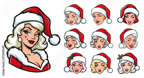 Retro Christmas Pinup Girls with Santa Hats Collection colorful cartoon vector