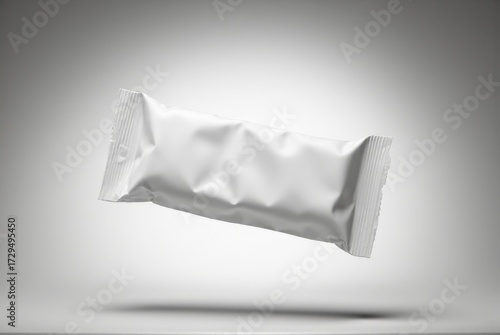 Wallpaper Mural snack bar packaging mockup, white snack bar wrapper levitating effortlessly against a soft gradient grey background, impossibly sharp focus, perfect for branding. Torontodigital.ca