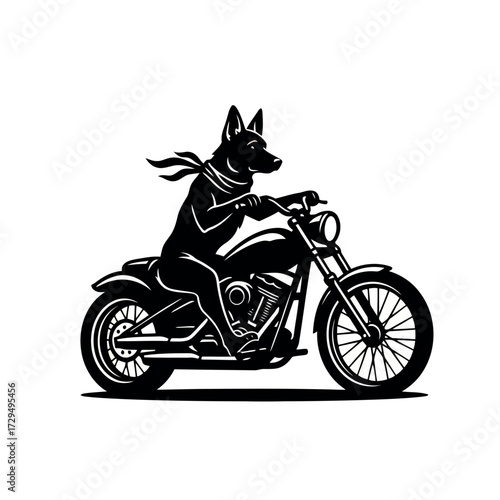 Cool dog riding a motorcycle black and white design vector illustration for print and web use showing adventure and freedom concept bringing together animals and transportation themes