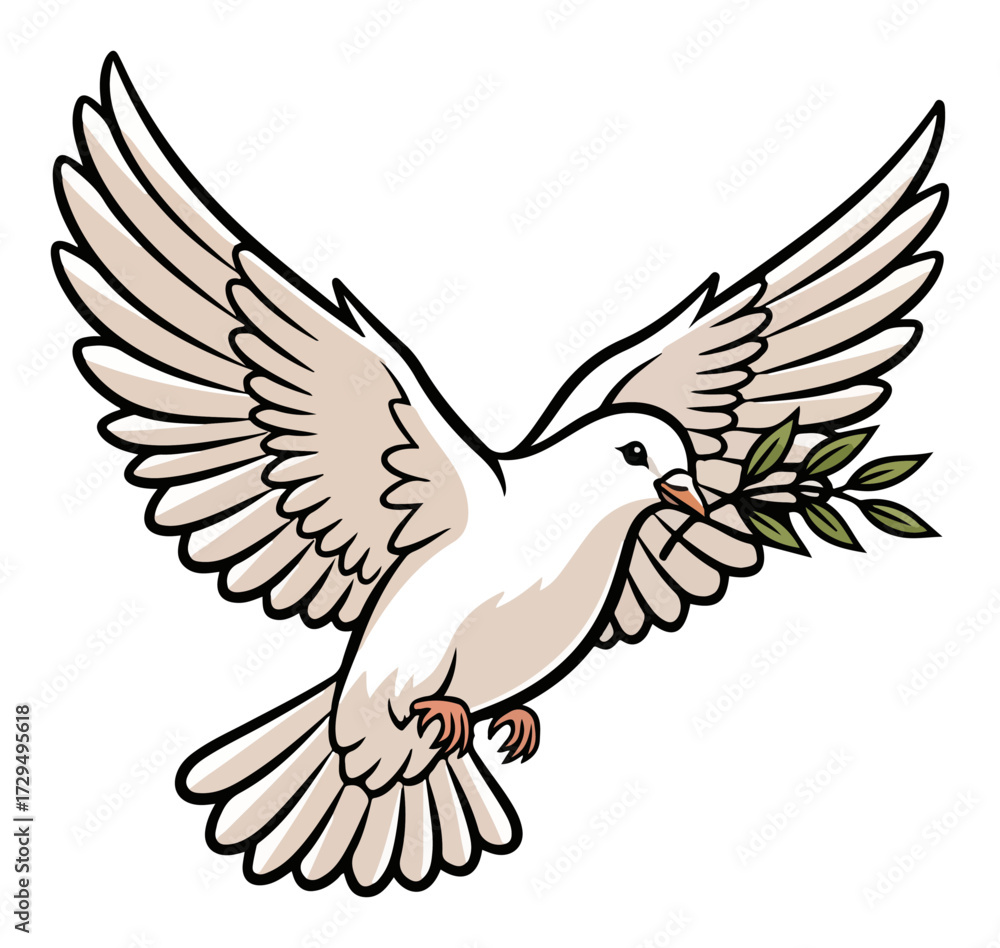 Obraz premium Flying Dove of Peace with an Olive Branch colorful cartoon vector