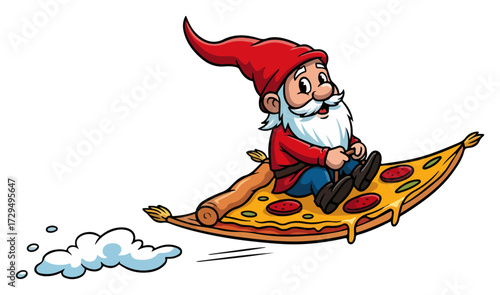 Gnome Riding Flying Pizza Slice colorful cartoon vector