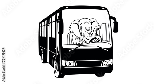 Elephant Driving a Bus Funny Animal Illustration for Transportation Concepts and Humorous Designs and Creative Projects Featuring Animals in Unlikely Roles with Travel Themes
