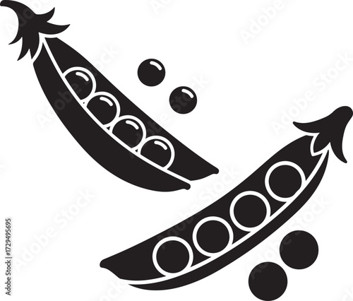Two open pea pods with peas and loose peas in silhouette isolated on white background
