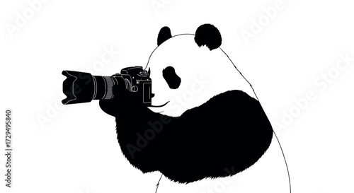 Panda Bear Photographer Holding a Camera Ready to Capture the Perfect Shot Illustration in Black and White Graphic Design for Creative Projects and Stock Photography Needs
