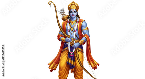 Lord Rama illustration standing with bow and arrow in traditional attire on black
