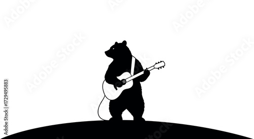 Silhouette of a Bear Playing Guitar on a Hill in Black and White Minimalist Design Perfect for Music Lovers and Nature Enthusiasts Clean Graphic Illustration Cartoon Animal