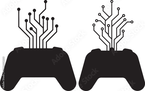 Two black video game controller silhouettes with circuit board connections isolated on white background