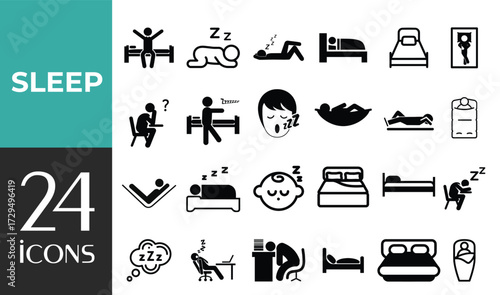 Sleeping Icon Set. Simple Line Icons with Comfort, Comfortable Sleep, Pillow, Bed, and Bedtime. A Selection of Vector Illustrations for Sleep and Rest.