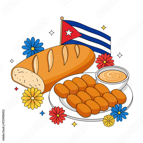 cuban food, cuban bread, croquetas cubanas, cuban cuisine, cuban culture, cuban flag art, cuban dish, traditional cuban food, cuban croquettes, cuban pride, cuba food illustration, cuban heritage, lat