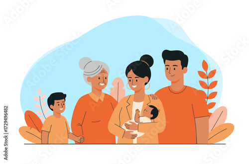 Family portrait illustration with multiple generations, mother and father with baby