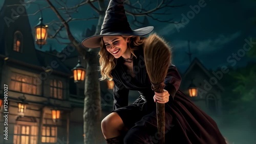 Beautiful young witch laughs sinisterly, witch flies on a broomstick on Halloween.
