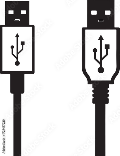 Two usb cable connectors in silhouette style isolated on white background