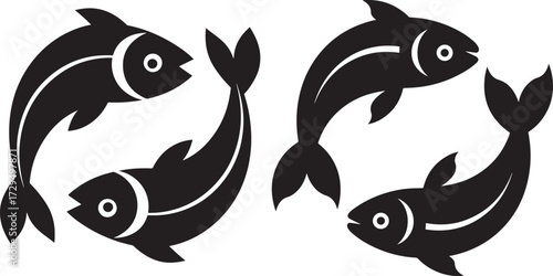 Pisces zodiac sign symbol formed by two fish silhouettes isolated on white background