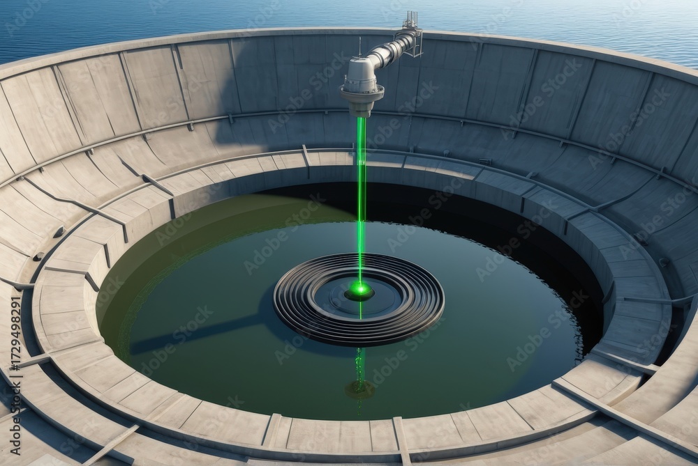 Fototapeta premium circular settling basin, circular settling basin with a visible laser scanning system mounted above, monitoring sludge blanket depth, innovative infrastructure for large-scale water plants.